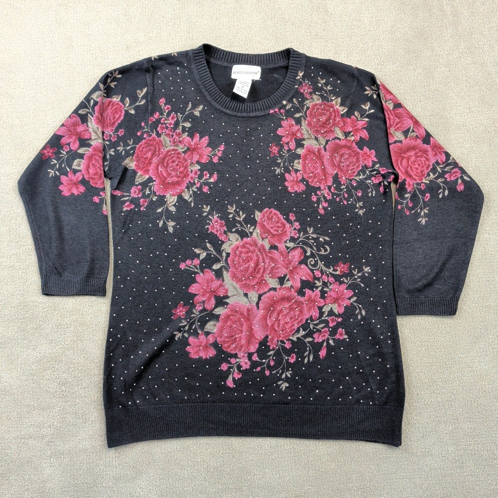 Rebecca Malone Size M Womens Black Pink Rose Floral Rhinestone Sweater 3/4 Slv